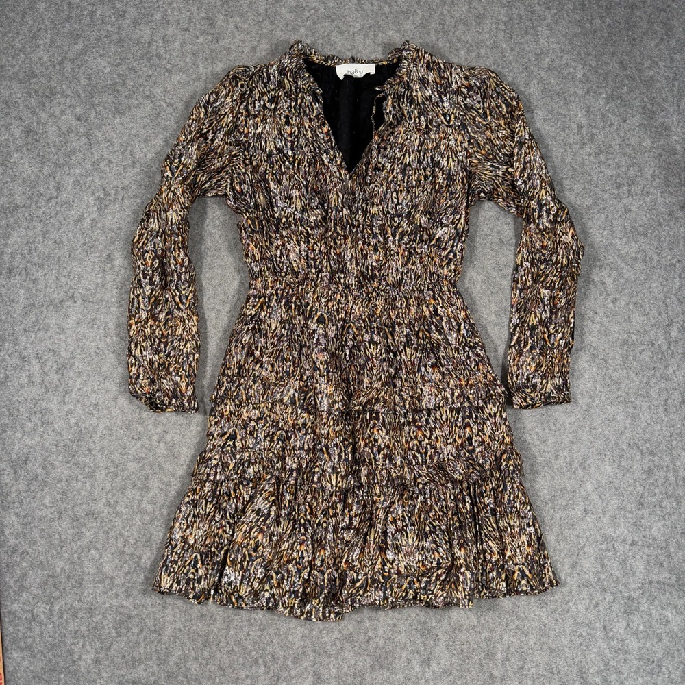 BA&SH Kaki Printed Long Sleeve Smocked Glen Mini Dress Women's Size 0 US 2